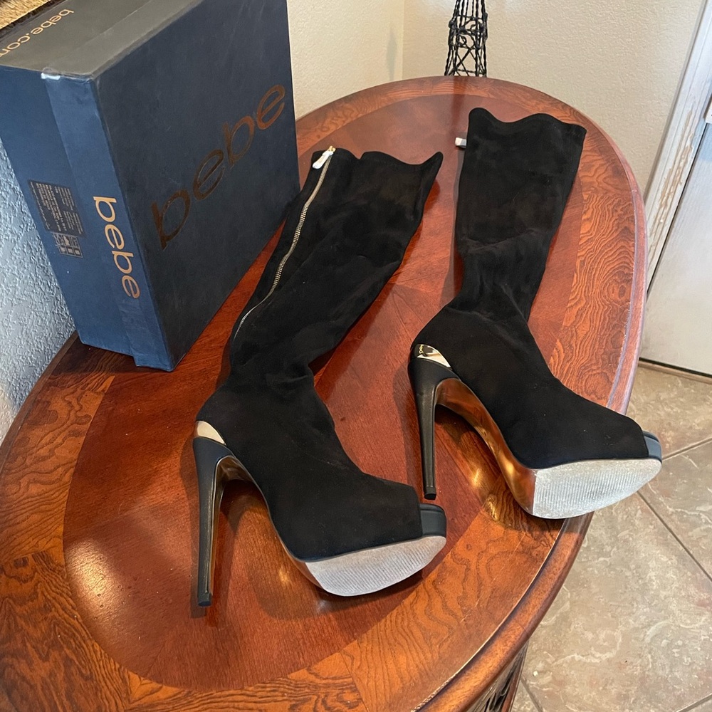 Bebe Darla Black Suede Peep Toe Boots